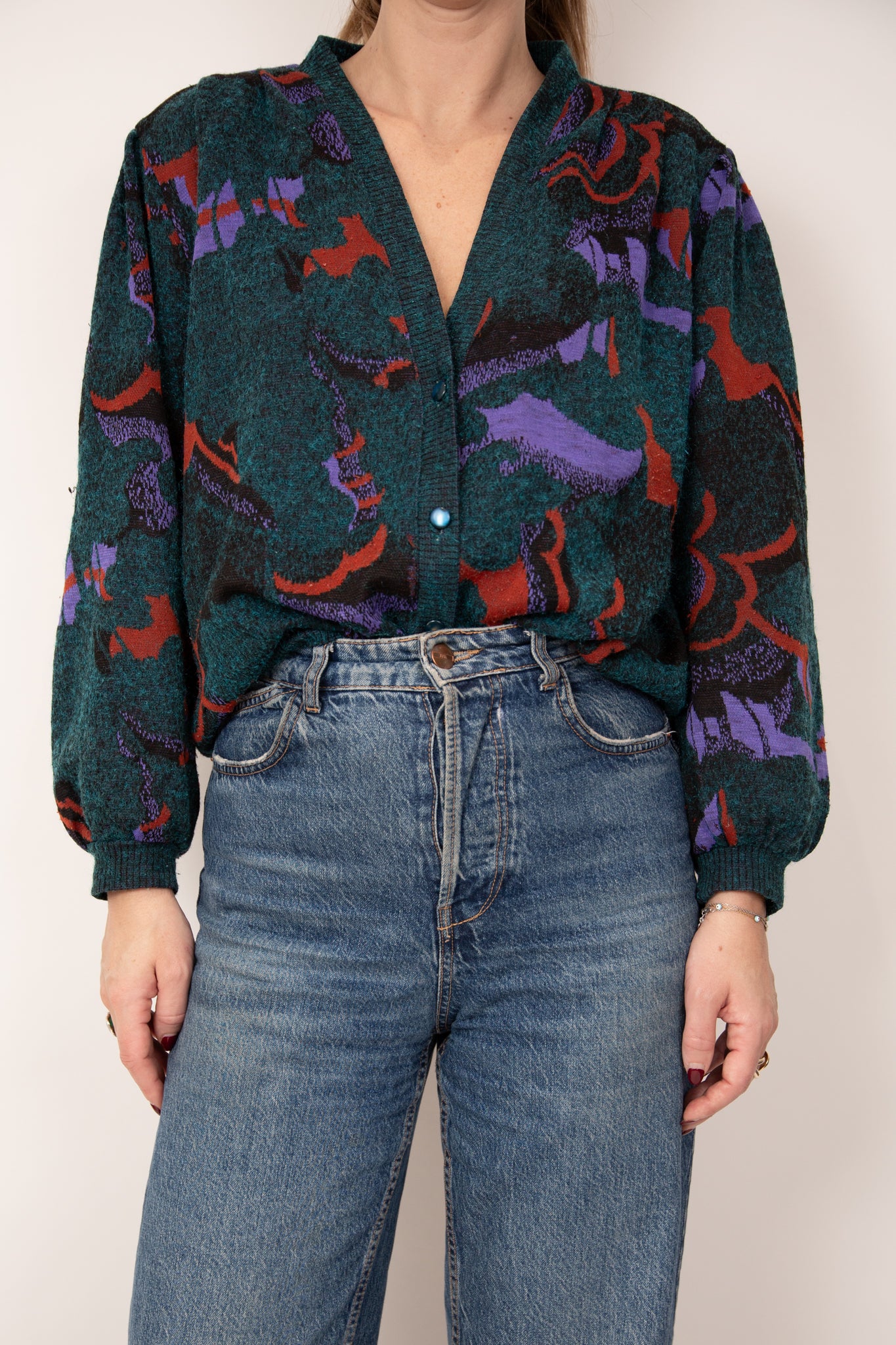Cardigan vert violet et rouille 40
