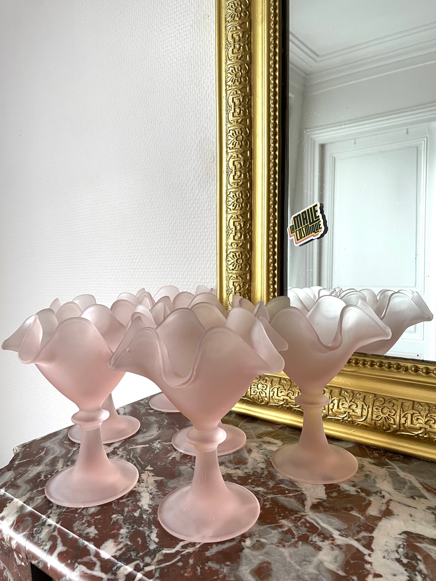 6 coupes à dessert en verre dépoli rose pâle