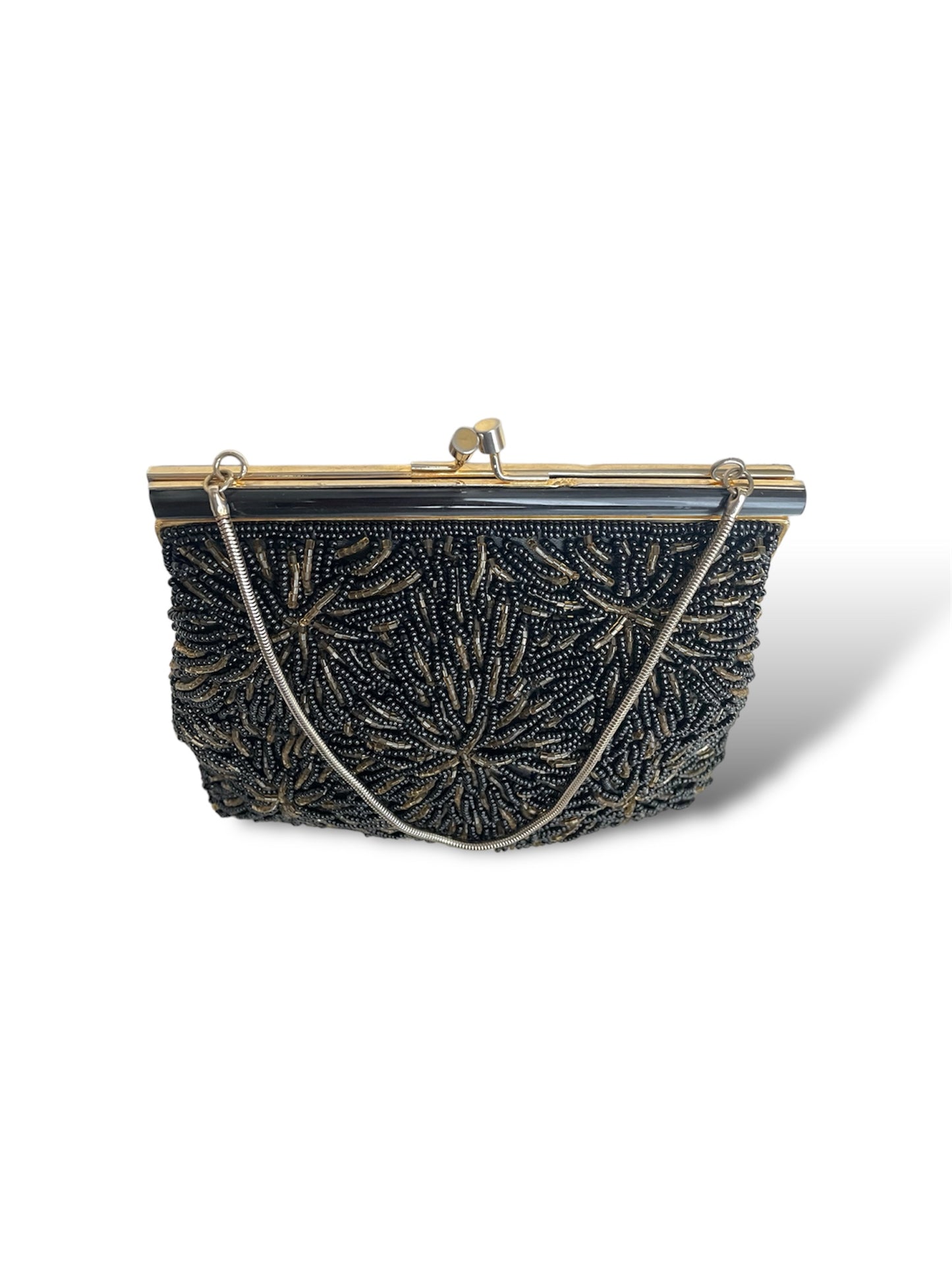 Minaudière à perles noires et dorées
