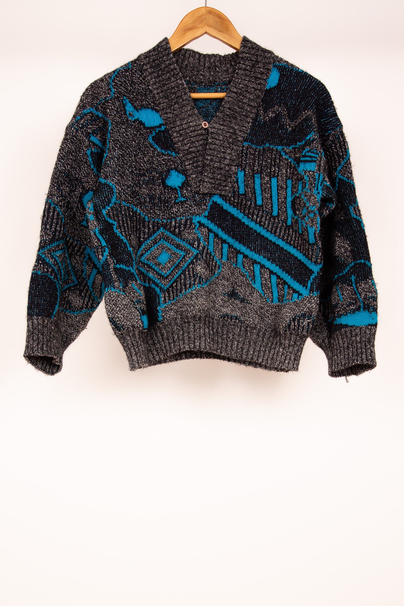 Pull col châle gris noir et turquoise 38