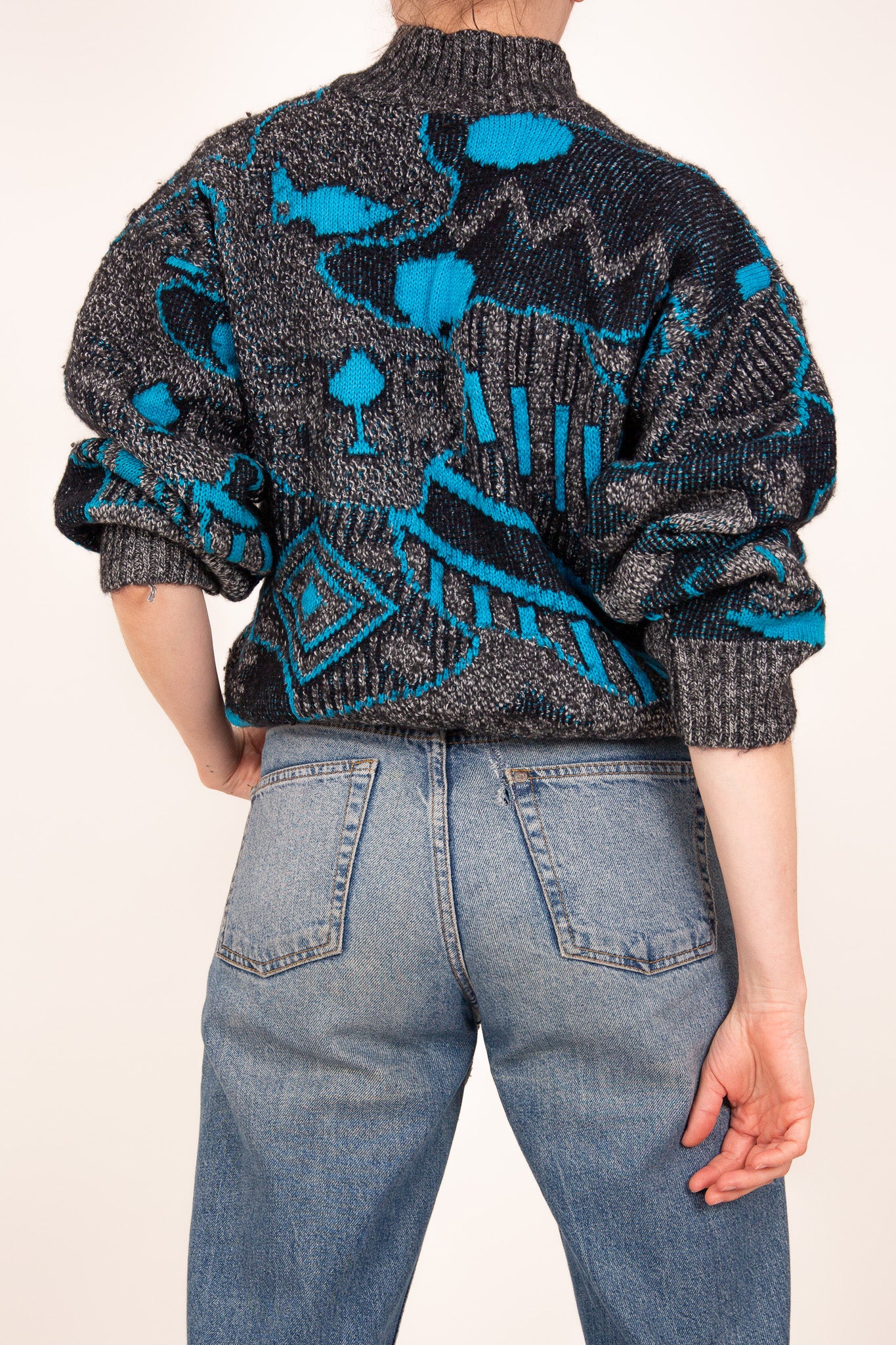 Pull col châle gris noir et turquoise 38