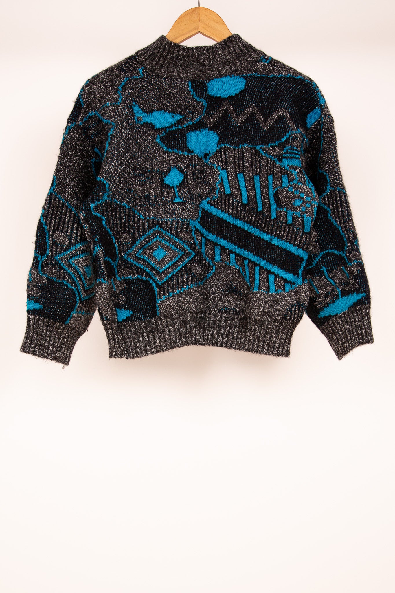 Pull col châle gris noir et turquoise 38