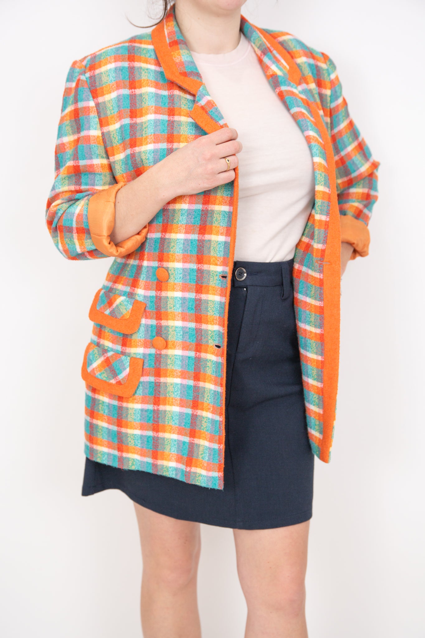Blazer à carreaux orange turquoise et blanc 40