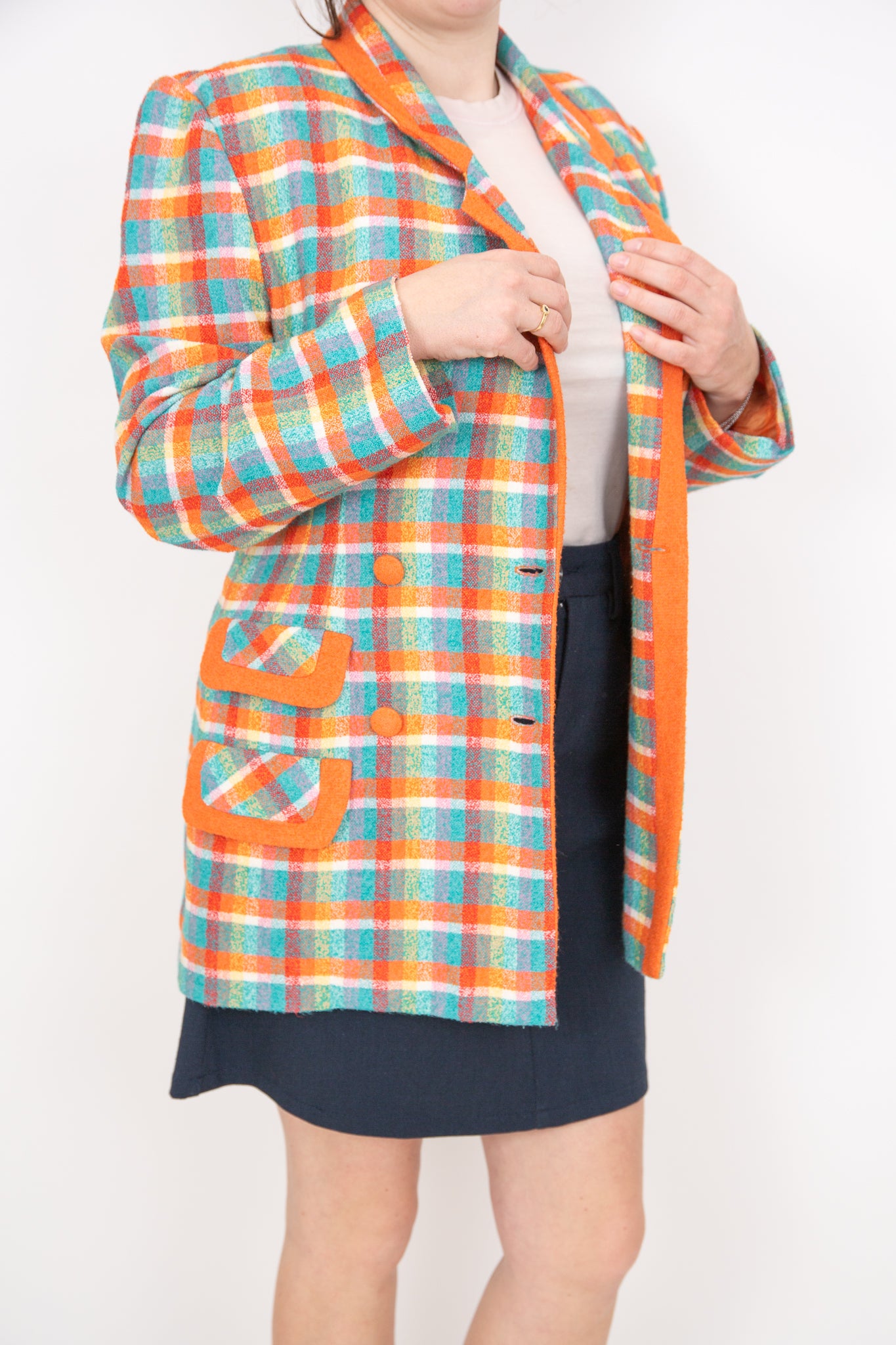 Blazer à carreaux orange turquoise et blanc 40