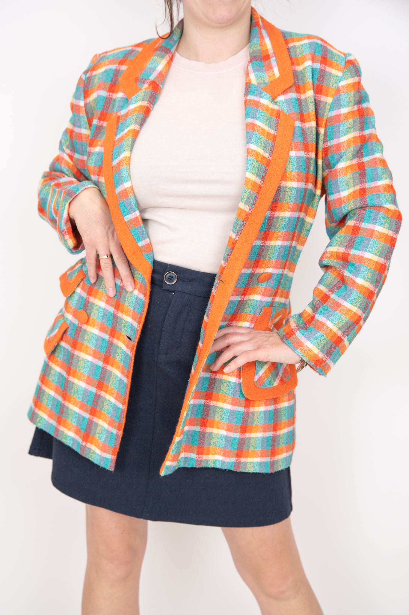 Blazer à carreaux orange turquoise et blanc 40