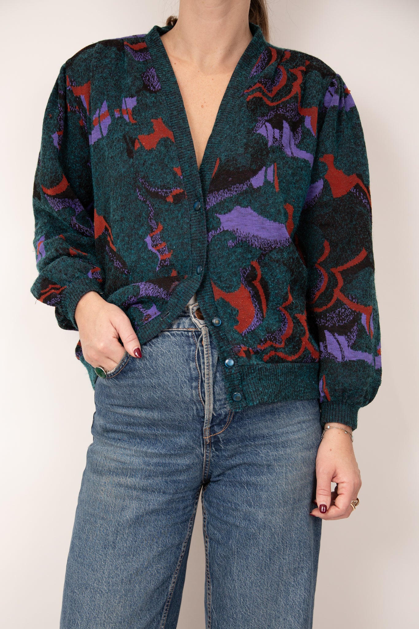 Cardigan vert violet et rouille 40