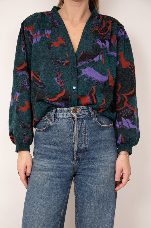 Cardigan vert violet et rouille 40