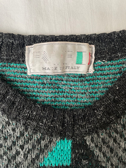 Pull col rond gris noir et turquoise 38