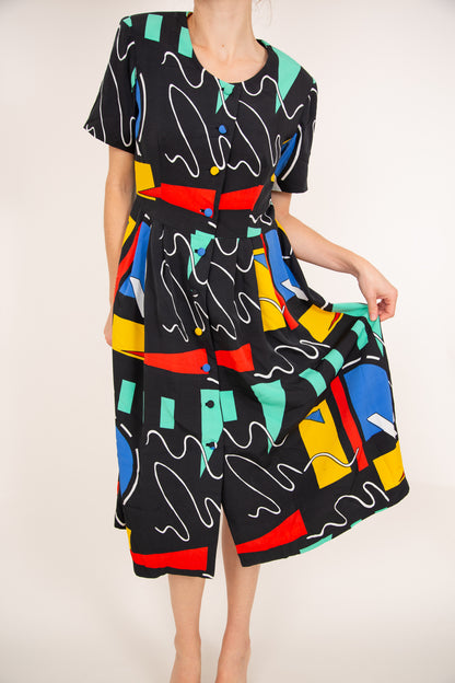 Robe midi noire à motifs colorés 40