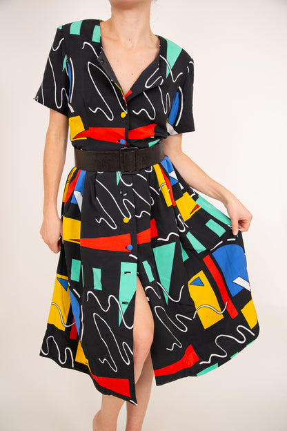 Robe midi noire à motifs colorés 40