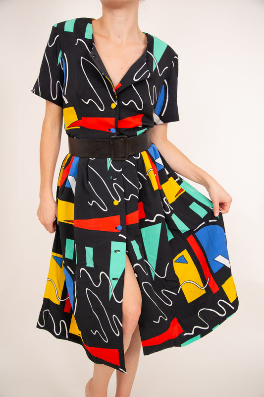 Robe midi noire à motifs colorés 40