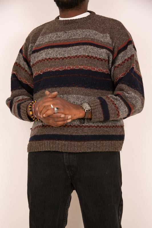 Pull chaud à rayures marron gris et noir 40