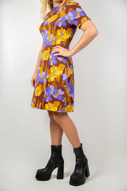 Robe marron à fleurs mauves et oranges 40