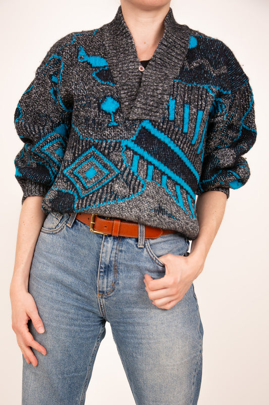Pull col châle gris noir et turquoise 38