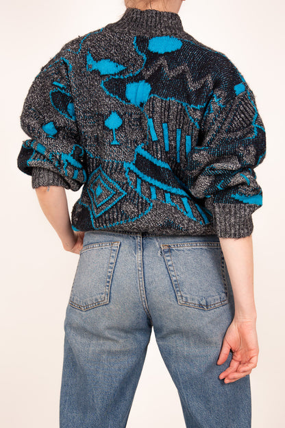 Pull col châle gris noir et turquoise 38