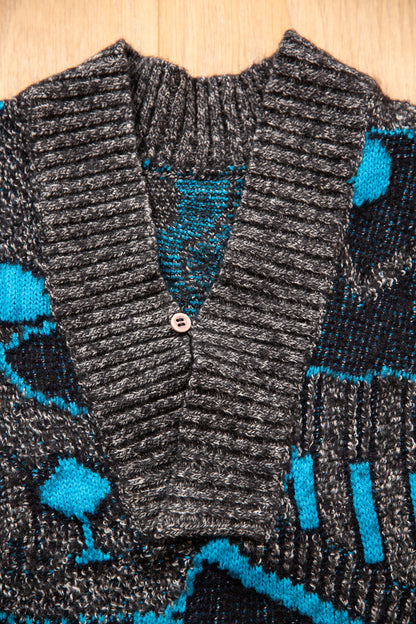 Pull col châle gris noir et turquoise 38