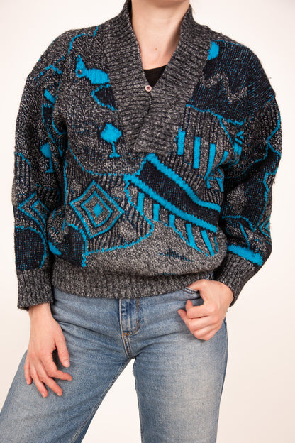 Pull col châle gris noir et turquoise 38