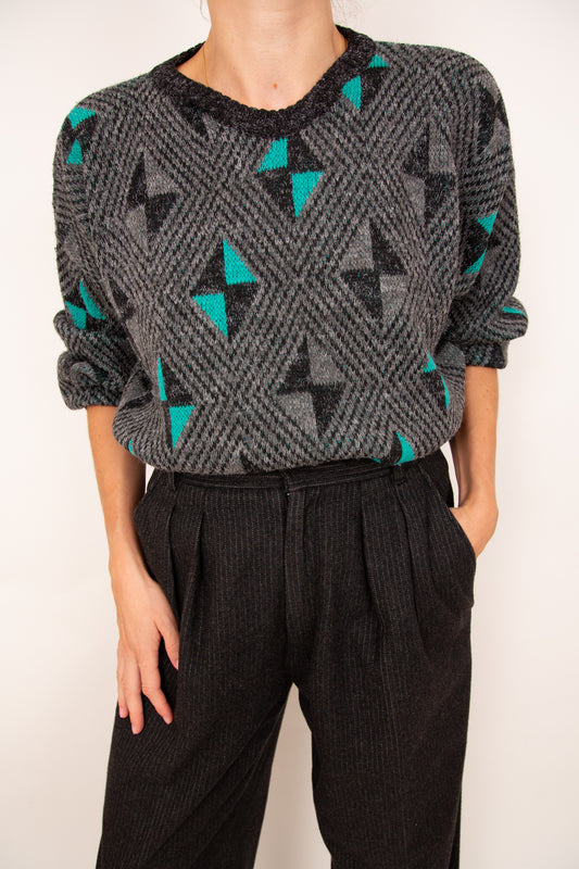Pull col rond gris noir et turquoise 38