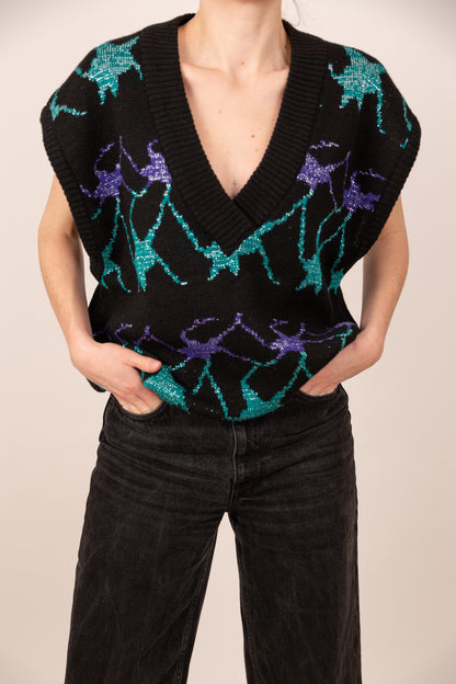 Pull sans manches noir, bleu et violet métallisés 42